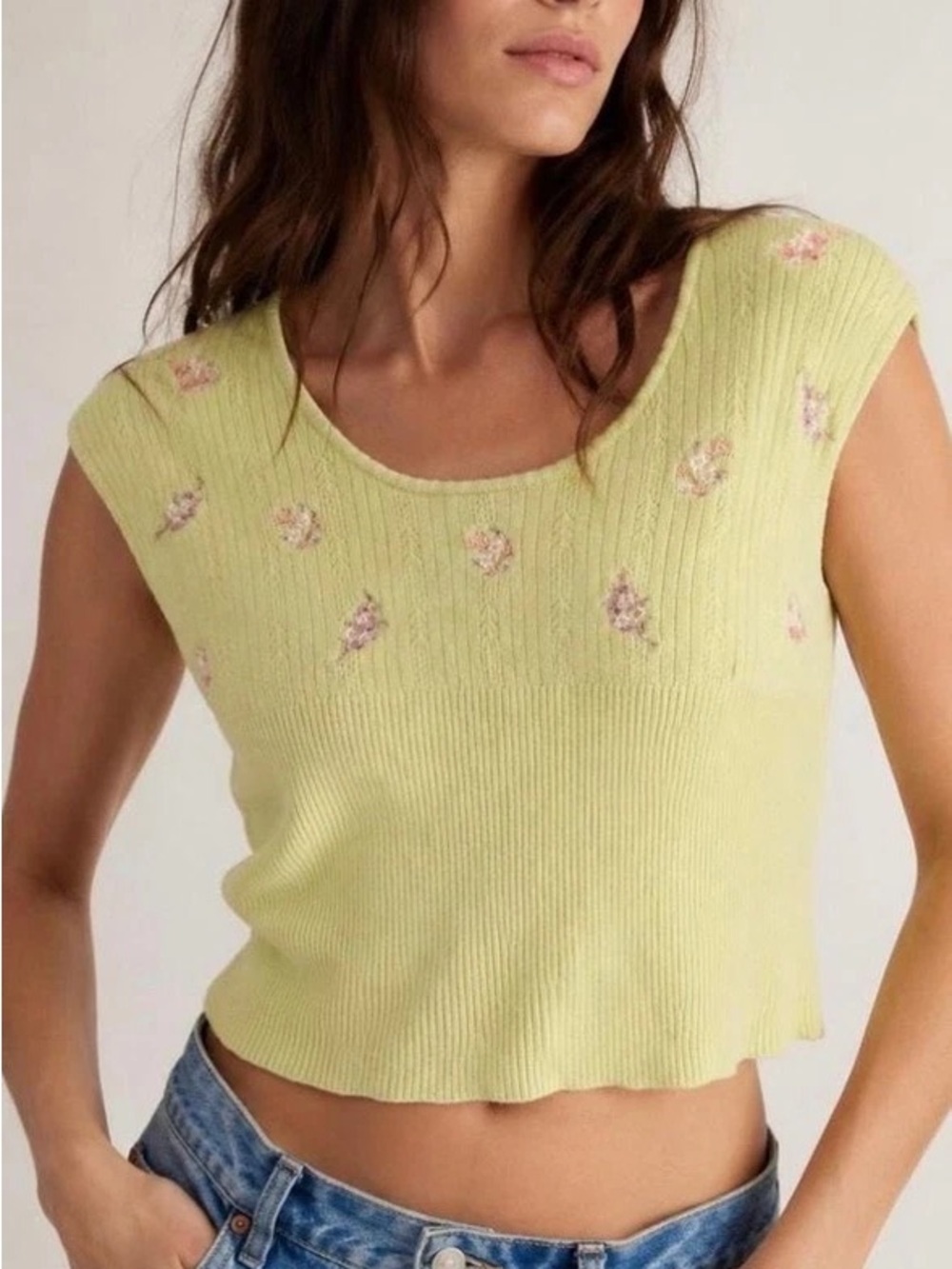 Free People yellow Floral Ribbed Scoop Neck cropped Tank